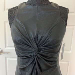 NWT. Tahari black metallic body con dress with beautiful front detail. Size 2